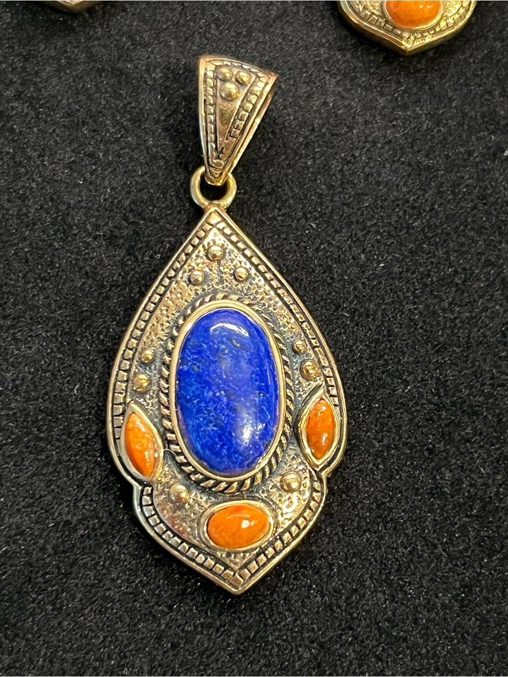Vintage Brass Lapis Earring and Pendant Set - Picture 5 of 7